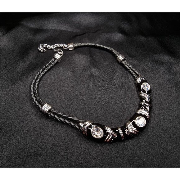 Vintage Nolan Miller Black Braided Double Strand Necklace With Rhinestone Accent - Picture 1 of 6